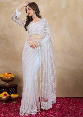 Trendmalls White Bollywood Net Embroidery Sequins work Saree with Unstitch Blouse Piece 2