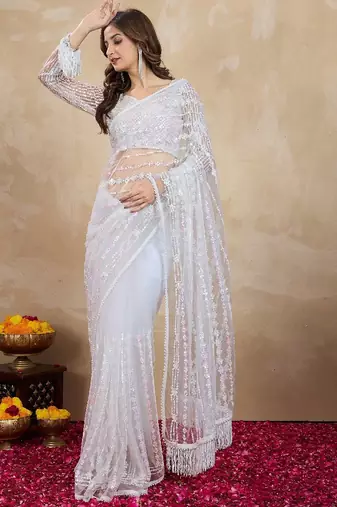 Trendmalls White Bollywood Net Embroidery Sequins work Saree with Unstitch Blouse Piece