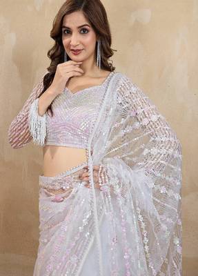 Trendmalls White Bollywood Net Embroidery Sequins work Saree with Unstitch Blouse Piece 4