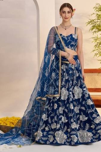 Peacock Blue Heavy Embroidery Net Semi Stitch A Line Lehenga With Blouse