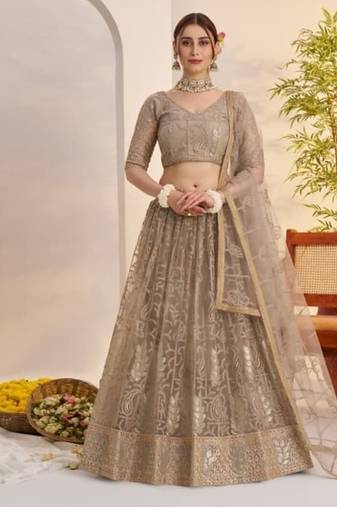 Grey Heavy Embroidery Net Semi Stitch A Line Lehenga With Blouse