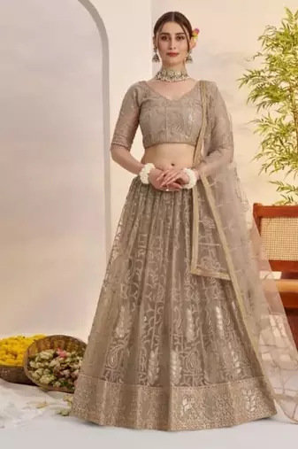 Grey Heavy Embroidery Net Semi Stitch A Line Lehenga With Blouse