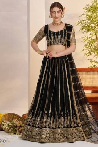 Black Heavy Embroidery Net Semi Stitch A Line Lehenga With Blouse