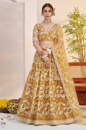 Mustard Yellow Heavy Embroidery Net Semi Stitch A Line Lehenga With Blouse