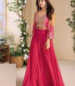 Pink and orange bandhani print chinon silk palazzo & top with shrug sets - free size upto 44