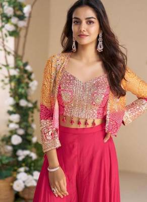 Pink indo western crop top palazzo-Full Stitched Free size 2