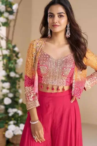 Pink indo western crop top palazzo-Full Stitched Free size