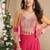 Pink and orange bandhani print chinon silk palazzo & top with shrug sets - free size upto 44
