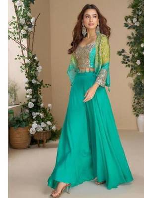 blue and green bandhani print chinon silk palazzo top shrug set-Full Stitched Free size 1