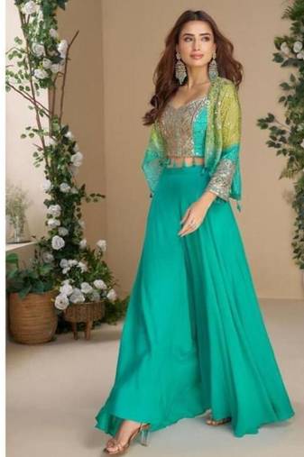 Blue and green bandhani print chinon silk palazzo & top with shrug sets - free size upto 44