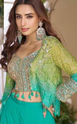blue and green bandhani print chinon silk palazzo top shrug set-Full Stitched Free size 2