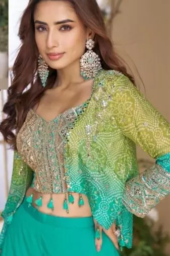 blue and green bandhani print chinon silk palazzo top shrug set-Full Stitched Free size