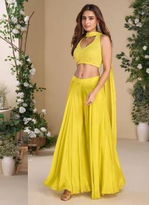 yellow halter neck pearl work chinon silk palazzo top neck dupatta-Full Stitched Free size 1