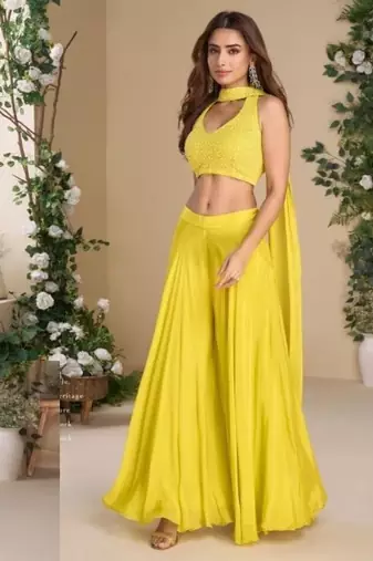 Yellow halter neck pearl work chinon silk palazzo,top & neck dupatta free size upto 44