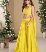 Yellow halter neck pearl work chinon silk palazzo,top & neck dupatta free size upto 44