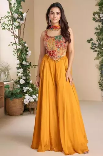 Orange chinon silk palazzo & top  with dupatta - free size upto 44