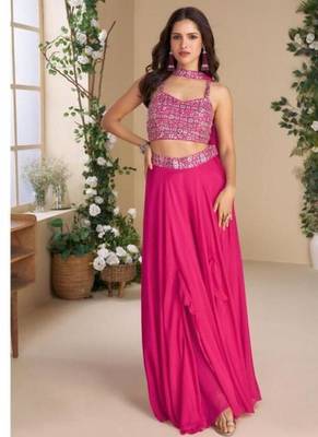 Pink Indo western crop top palazzo & neck line dupatta -Full Stitched Free size 1