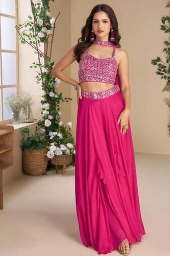 Pink chinon silk palazzo & top  with dupatta - free size upto 44
