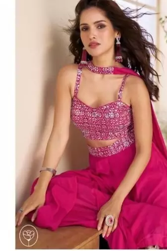 Pink Indo western crop top palazzo & neck line dupatta -Full Stitched Free size