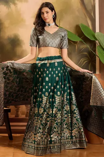 Women'S Green Colour Banarasi Jacquard Weaving Flaired Lehenga Choli