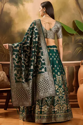 Women'S Green Colour Banarasi Jacquard Weaving Flaired Lehenga Choli