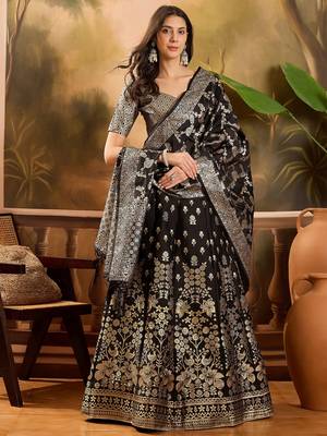 Women'S Black Colour Banarasi Jacquard Weaving Flaired Lehenga Choli 1