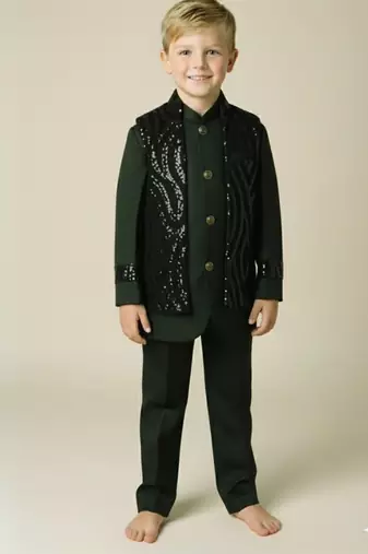 Green embroidered open jacket indo western set for boys