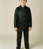 Green embroidered open jacket indo western set for boys