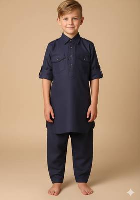 Blue linen pathani set for boys 1