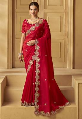 Red color heavy orgenza fabric bollywood inspired saree with designer blouse fabric 1