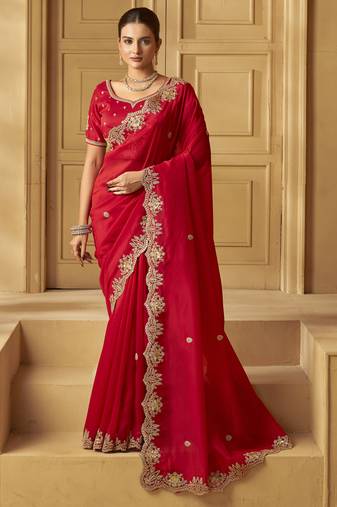 Red color heavy orgenza fabric bollywood inspired saree with designer blouse fabric