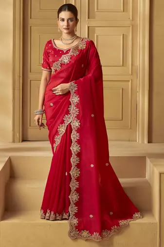 Red color heavy orgenza fabric bollywood inspired saree with designer blouse fabric