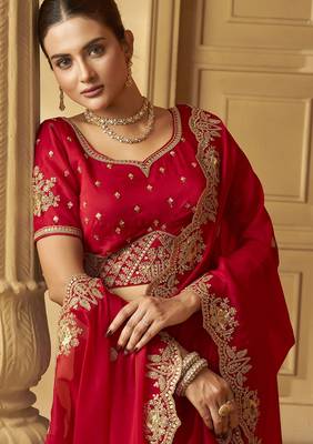 Red color heavy orgenza fabric bollywood inspired saree with designer blouse fabric 2