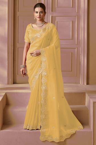 Yellow color heavy orgenza fabric bollywood inspired saree with designer blouse fabric