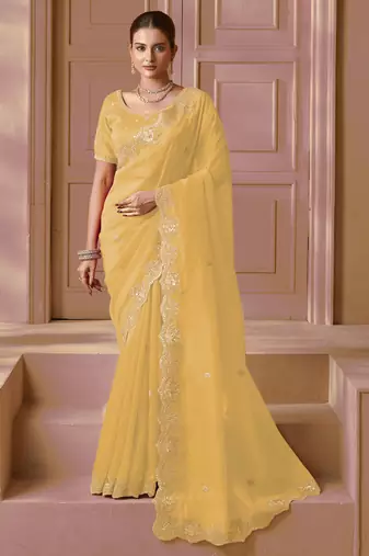 Yellow color heavy orgenza fabric bollywood inspired saree with designer blouse fabric