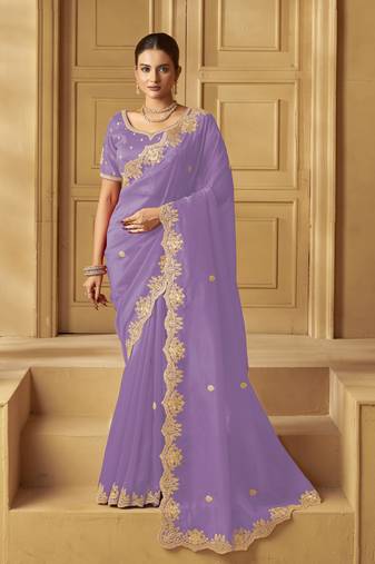 Lavender color heavy orgenza fabric bollywood inspired saree with designer blouse fabric