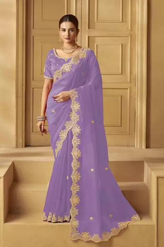Lavender color heavy orgenza fabric bollywood inspired saree with designer blouse fabric
