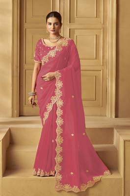 Pink color heavy orgenza fabric bollywood inspired saree with designer blouse fabric 1