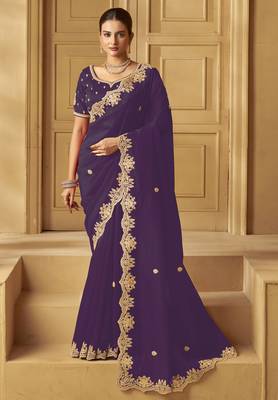 Purple color heavy orgenza fabric bollywood inspired saree with designer blouse fabric 1