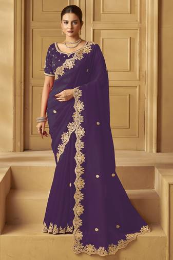 Purple color heavy orgenza fabric bollywood inspired saree with designer blouse fabric