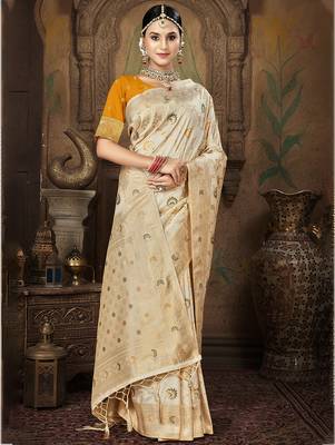 cream silk woven work traditional saree 1