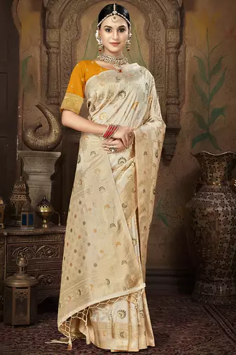cream silk woven work traditional saree