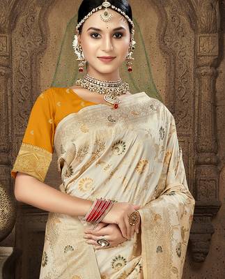 cream silk woven work traditional saree 2