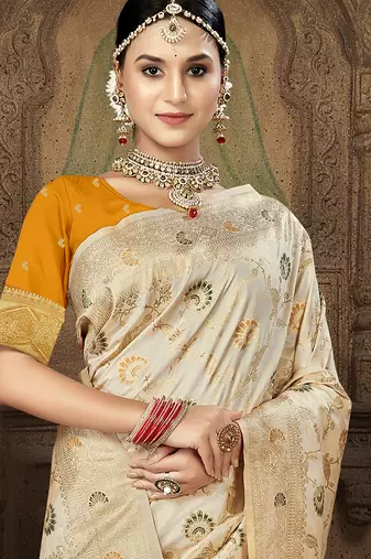 cream silk woven work traditional saree