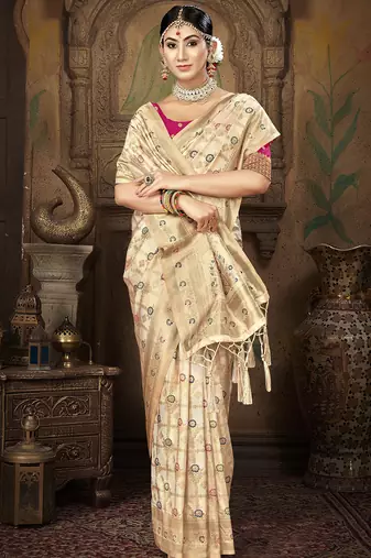 cream silk woven work traditional saree