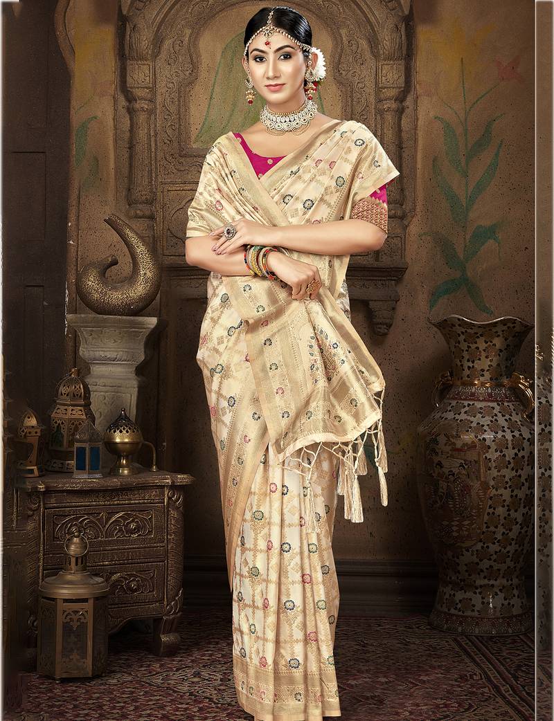 cream silk woven work traditional saree