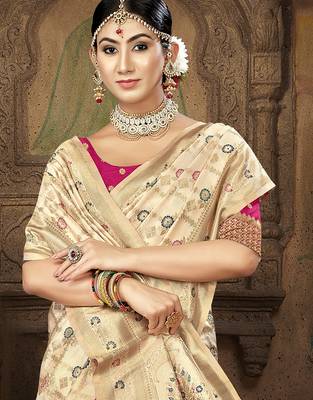 cream silk woven work traditional saree 2