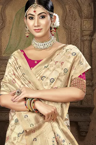 cream silk woven work traditional saree