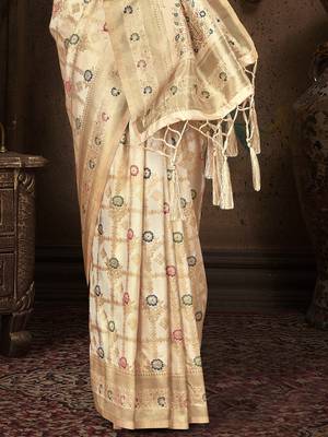 cream silk woven work traditional saree 3