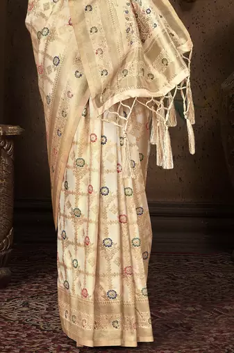 cream silk woven work traditional saree